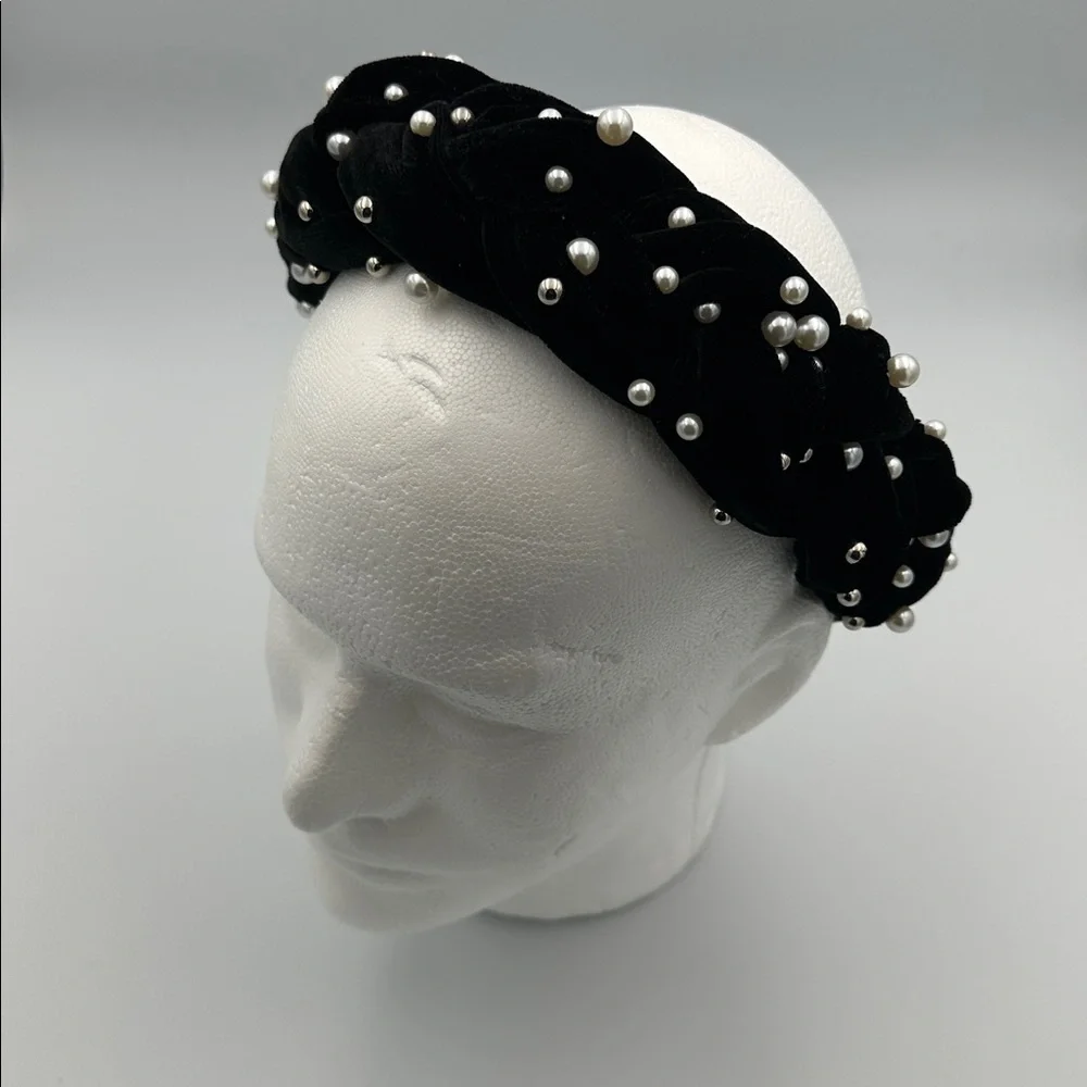 Luxy Black Velvet Headband with Beads and Pearls